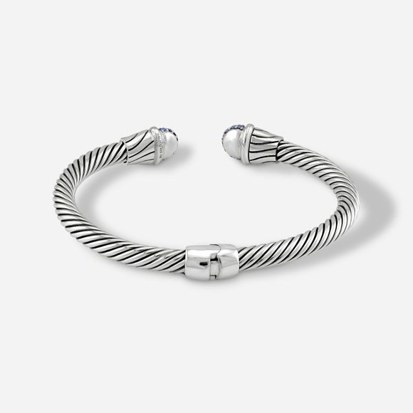 5mm Braided Silver & 18k Gold Cable Bracelet with Blue Diamonds and Middle Clasp - Picture 3 of 5